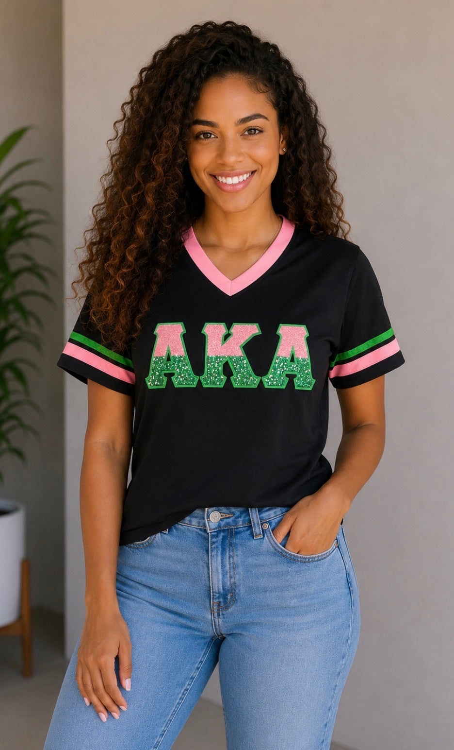 Alpha Kappa Alpha Black Vneck with Pink/Green Stripes with Sequins/Chenille Embroidered Letters