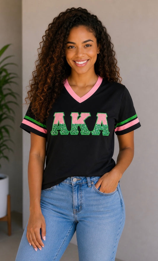 Alpha Kappa Alpha Black Vneck with Pink/Green Stripes with Sequins/Chenille Embroidered Letters